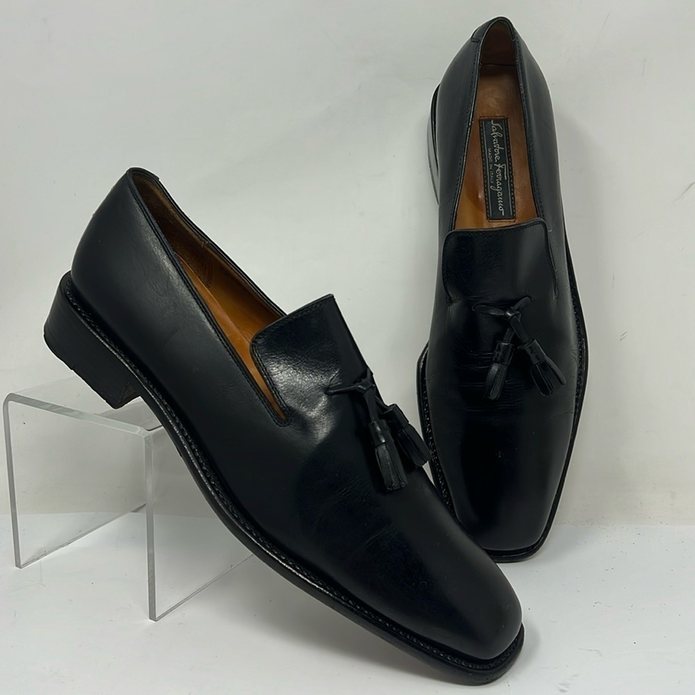 Men’s Salvatore Ferragamo Sz 7.5 Smooth Black Leather Handmade Slip On Loafers